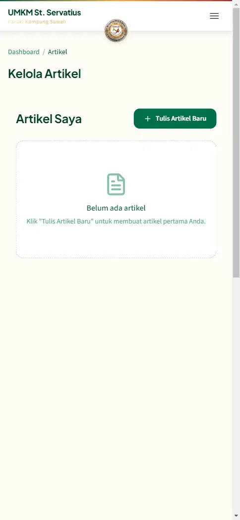 Halaman Artikel Saya di dashboard dengan tombol Tulis Artikel Baru