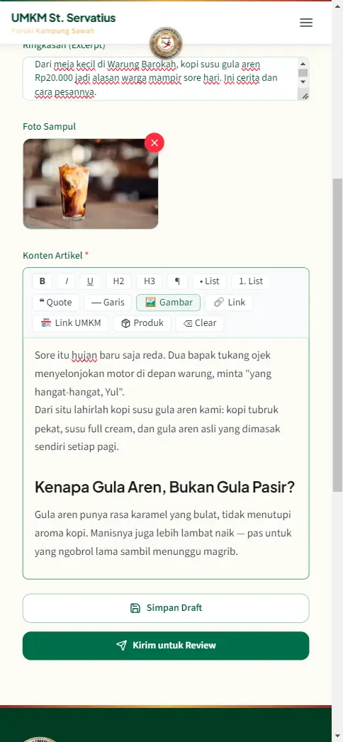 Editor artikel dengan toolbar lengkap dan teks terformat