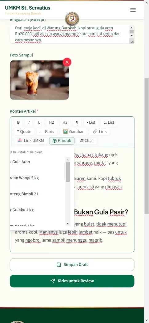 Panel sisip produk ke dalam artikel di HP