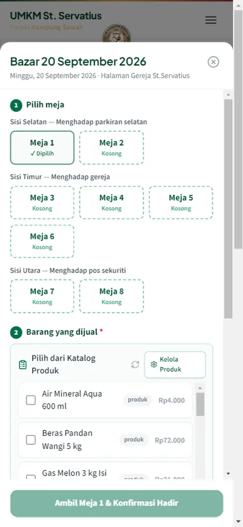 Peta meja bazar per tenda di HP: meja kosong bisa diambil sendiri