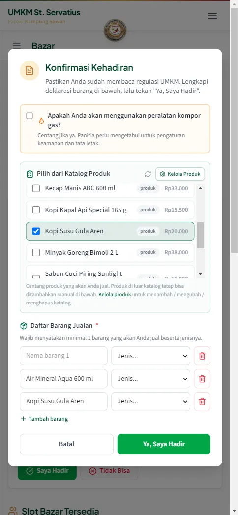 Bagian bawah dialog: baris barang jualan dan tombol Ya Saya Hadir