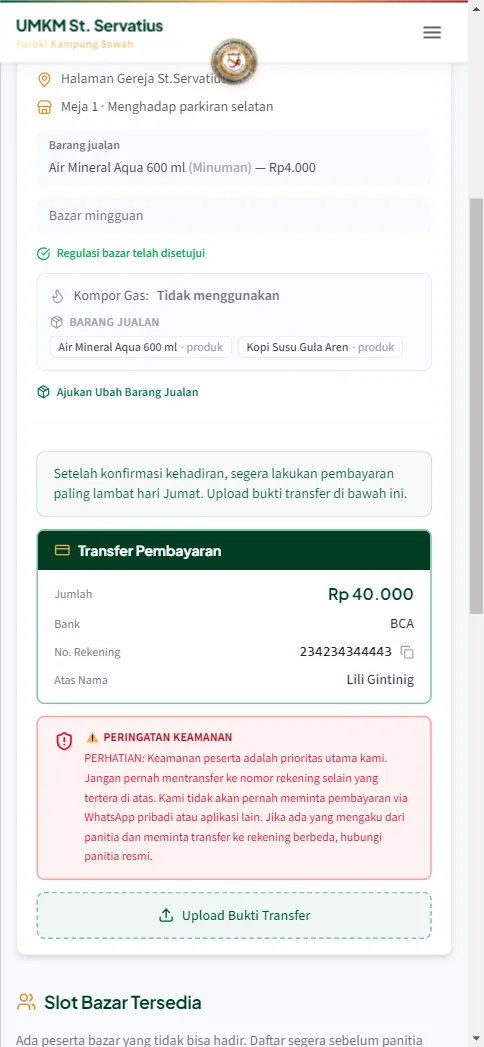 Seksi pembayaran: biaya partisipasi, rekening BCA, dan tombol unggah bukti