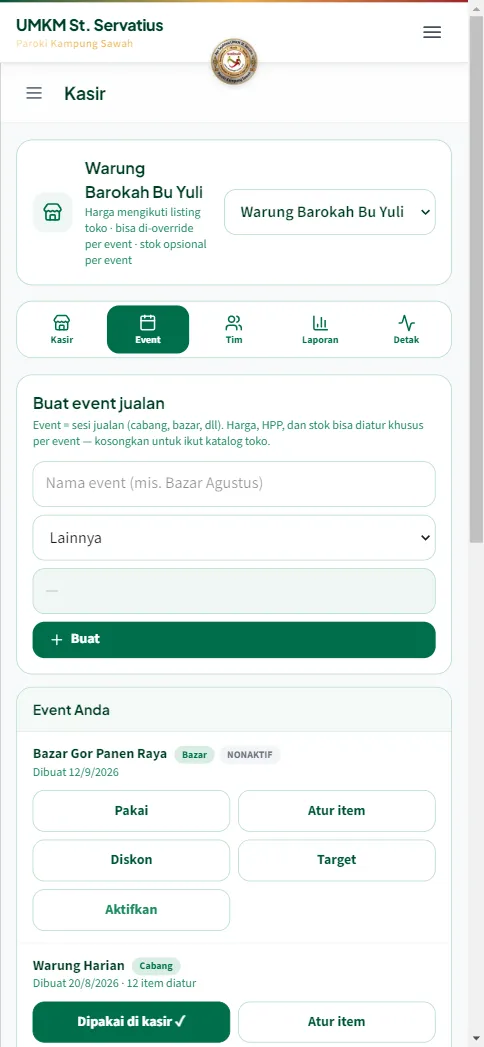 Tab Event aplikasi Kasir: buat event jualan dan daftar event