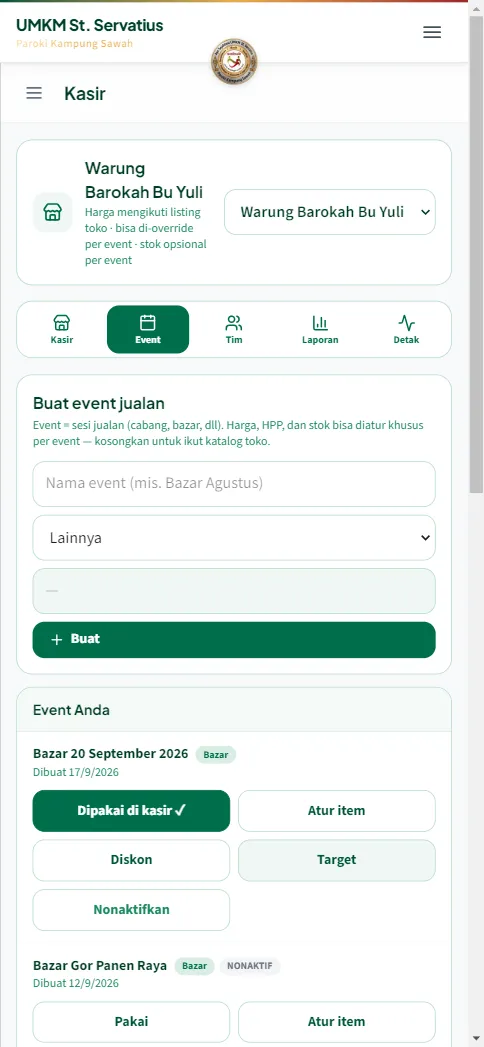 Baris event Bazar 20 September 2026 dengan tombol Pakai dan Target