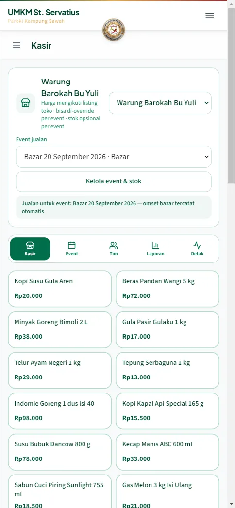 Layar kasir memakai event Bazar 20 September 2026