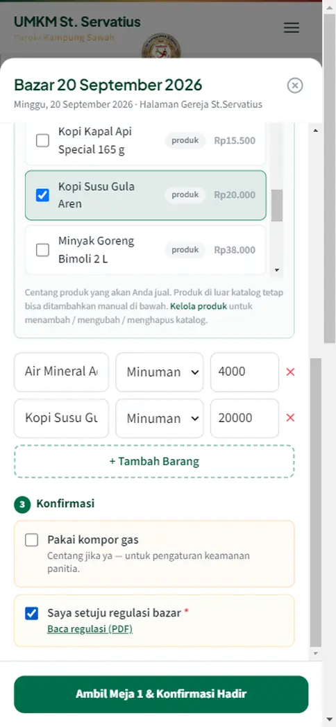 Langkah 3: persetujuan regulasi dan tombol Ambil Meja & Konfirmasi Hadir