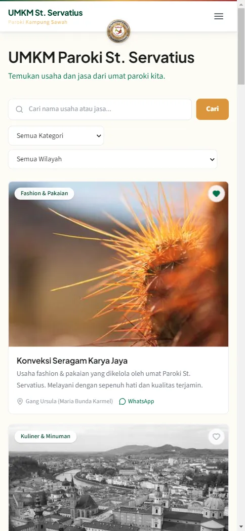 Halaman Direktori UMKM dengan kotak pencarian, dropdown kategori dan wilayah, serta deretan kartu usaha