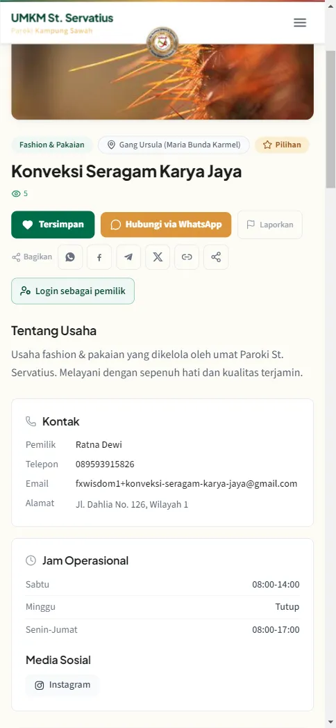Halaman detail usaha Konveksi Seragam Karya Jaya dengan kategori, wilayah, dan info usaha