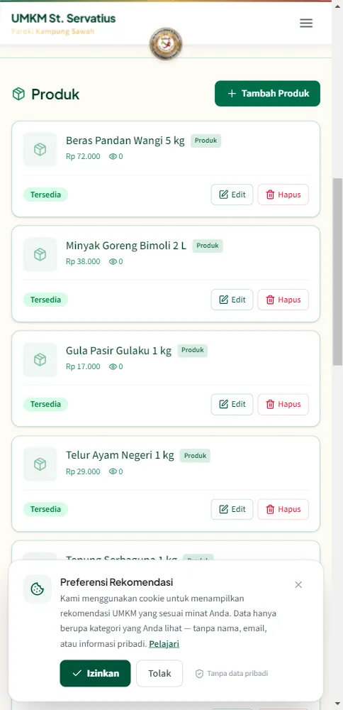Halaman kelola produk dengan daftar produk sembako