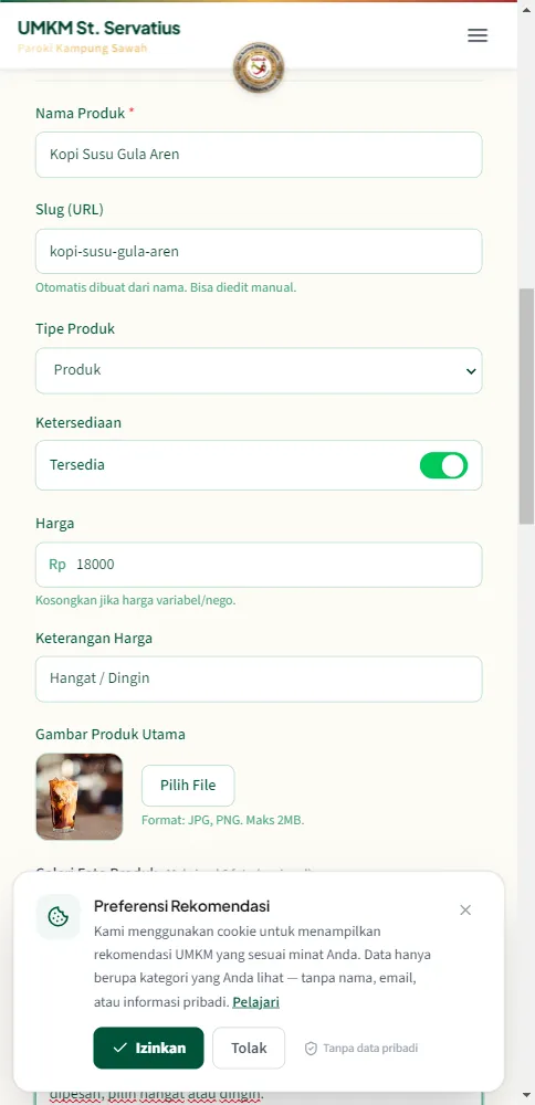 Foto produk terunggah di form