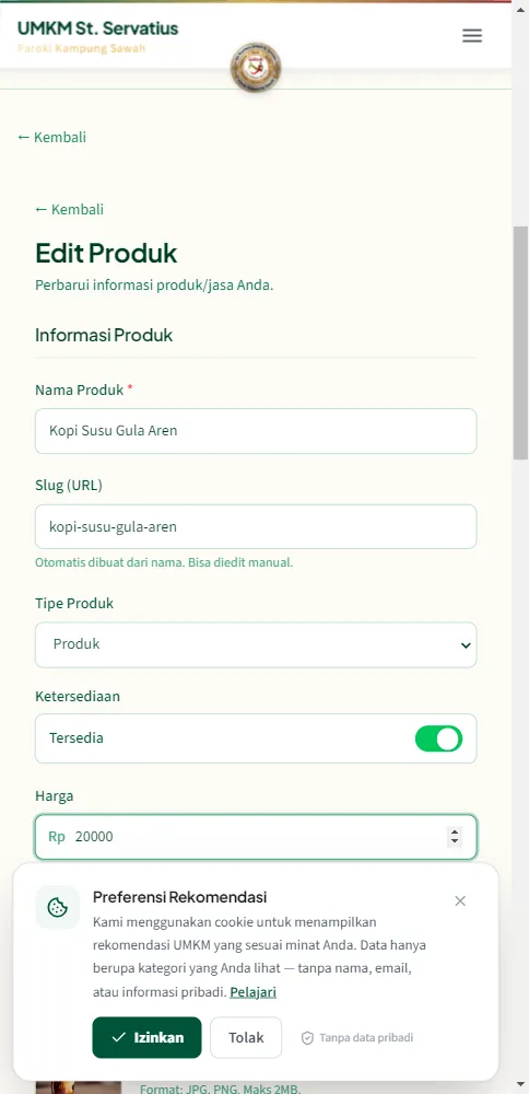 Form edit harga produk menjadi 20.000