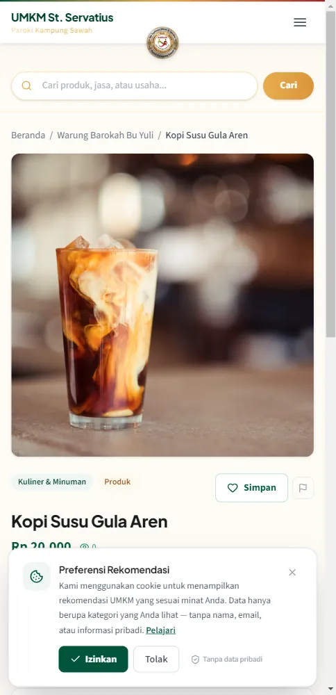 Halaman detail produk Kopi Susu Gula Aren