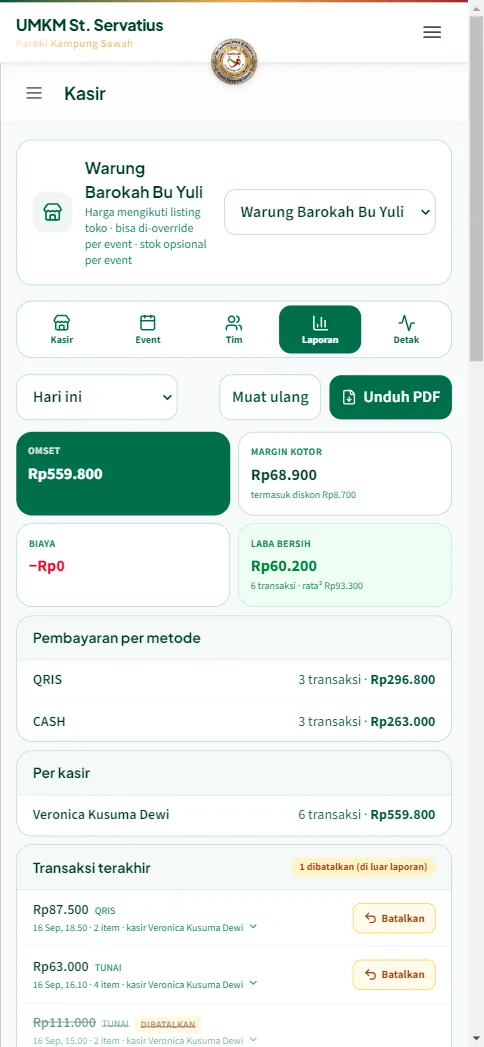 Laporan kasir hari ini di HP: omset, margin, biaya, laba bersih