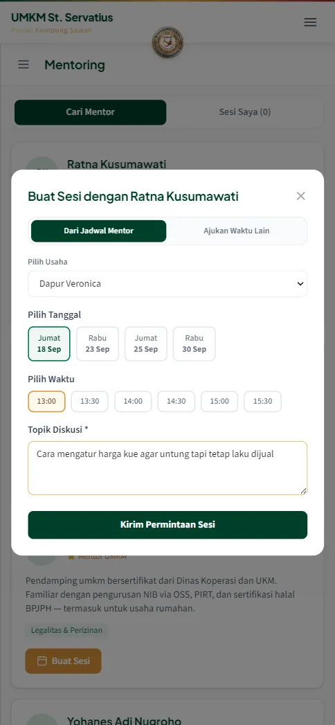 Form Buat Sesi dengan chip tanggal, chip waktu, dan topik diskusi terisi