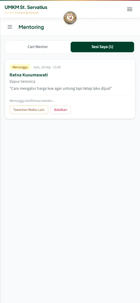 Kartu sesi mentoring berstatus Menunggu di tab Sesi Saya