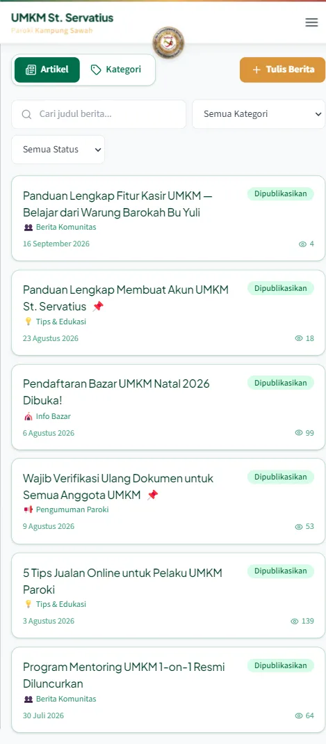 Menu Berita pengurus berisi daftar pengumuman resmi beserta statusnya