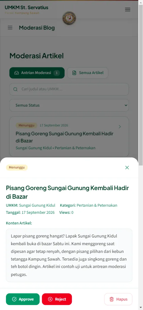Jendela tinjau artikel yang menampilkan isi artikel utuh beserta tombol keputusan setujui atau tolak