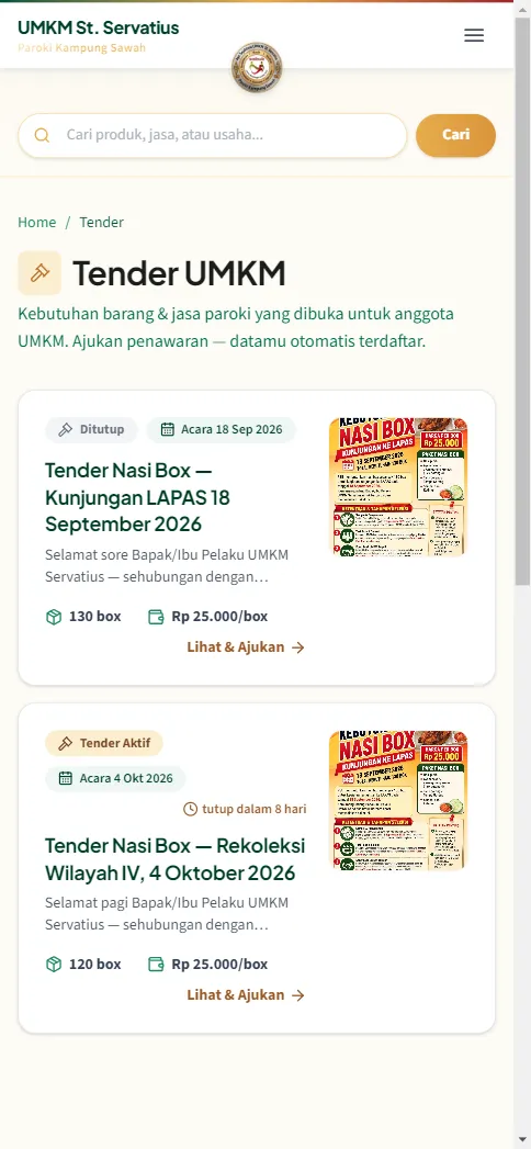Halaman Tender: kartu tender aktif Rekoleksi Wilayah IV dengan sisa hari