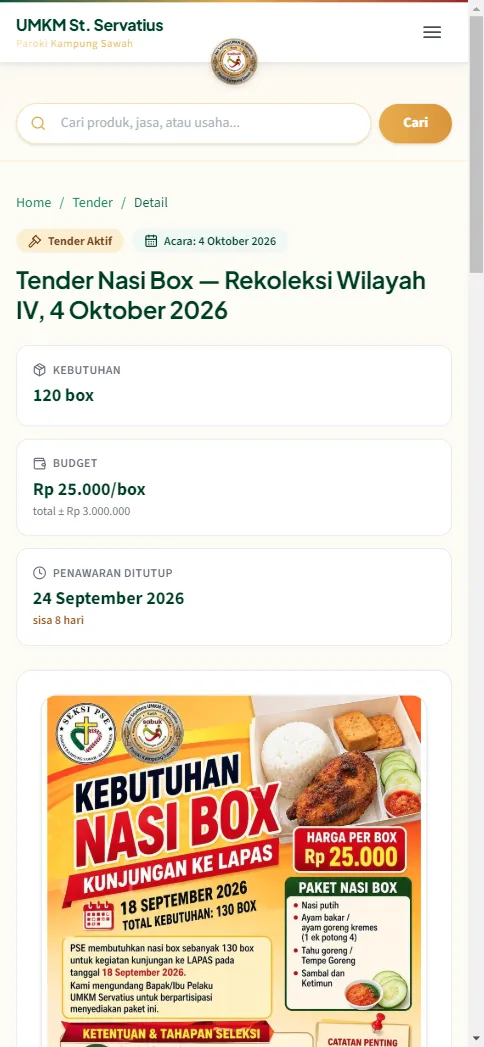 Halaman detail tender: judul, anggaran per box, dan tenggat